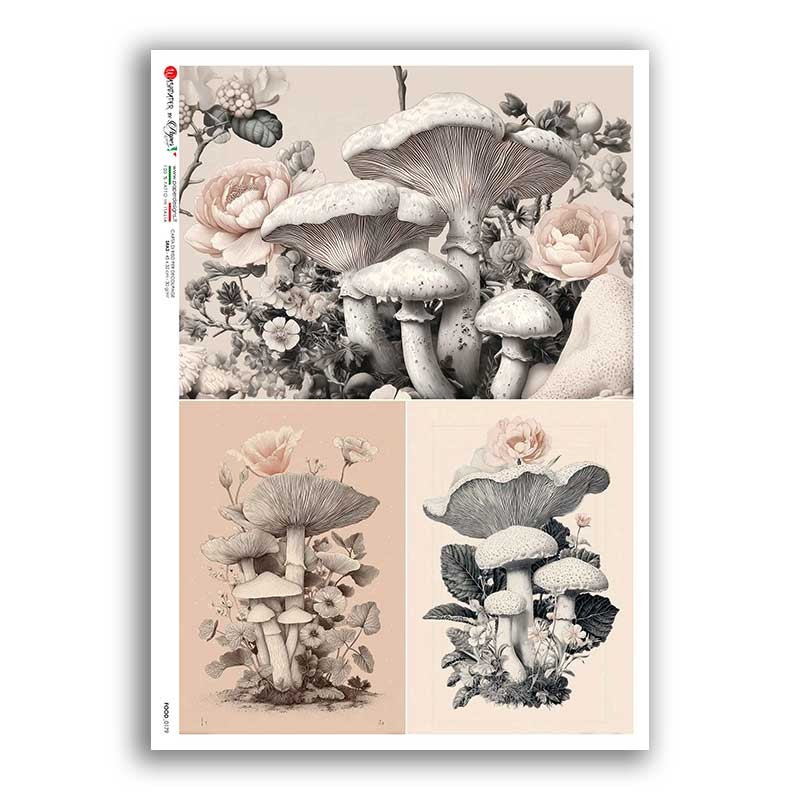Tres paneles de inspiración botánica combinan setas de color crema y gris con rosas rosa pálido, pequeñas flores y hojas verde grisáceo.